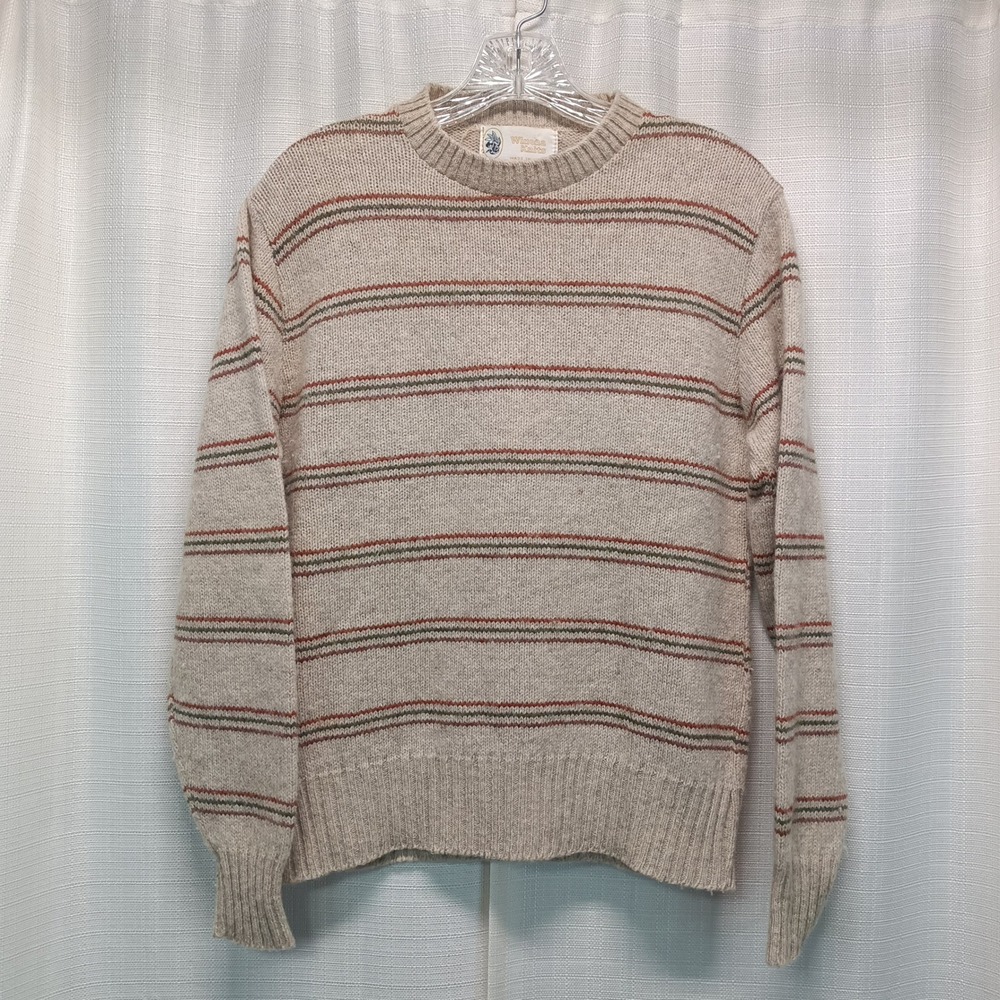 Vintage Winona Knits Striped Crewneck Sweater Made in USA Tan Red Green Mens S